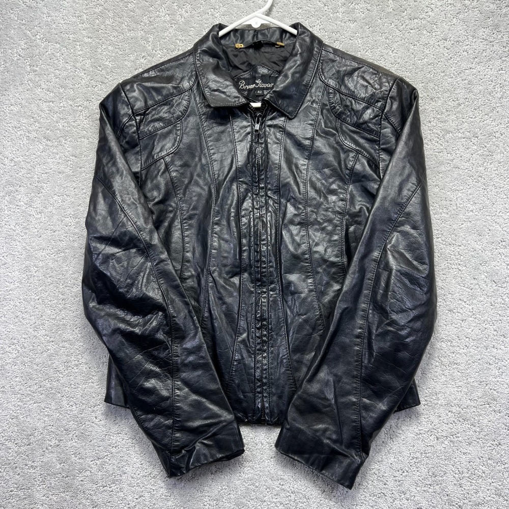 VTG Bruno Giovanni Biker Jacket Womens Size 42 Black Genuine Leather Moto Zip Up